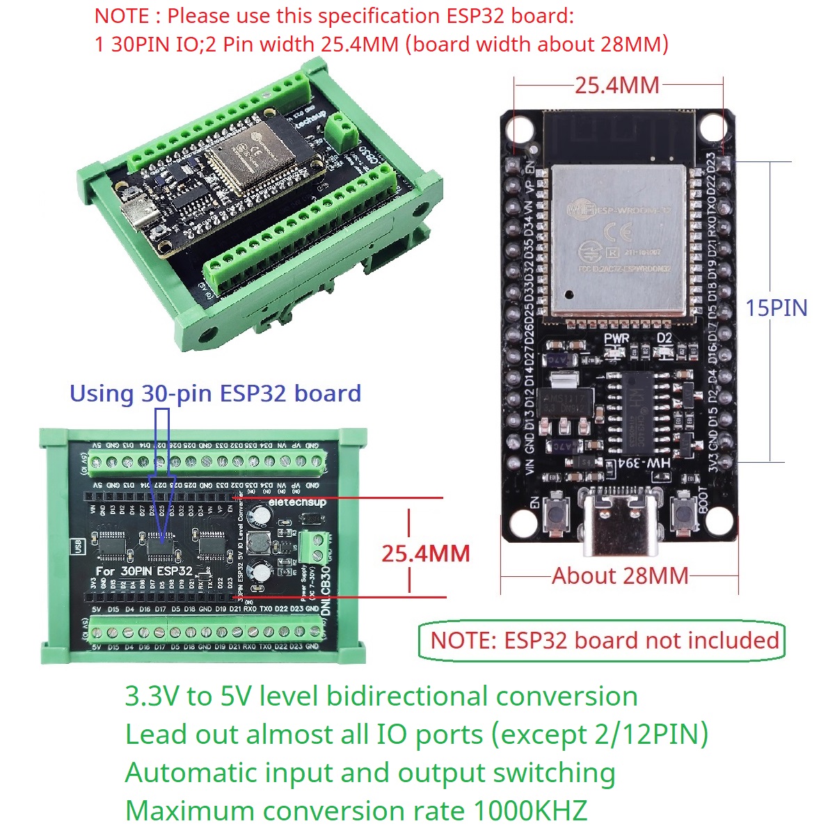 ESP32 30P DIN Rail Adapter, 3. - Level Shifter 3.3V recension och pris